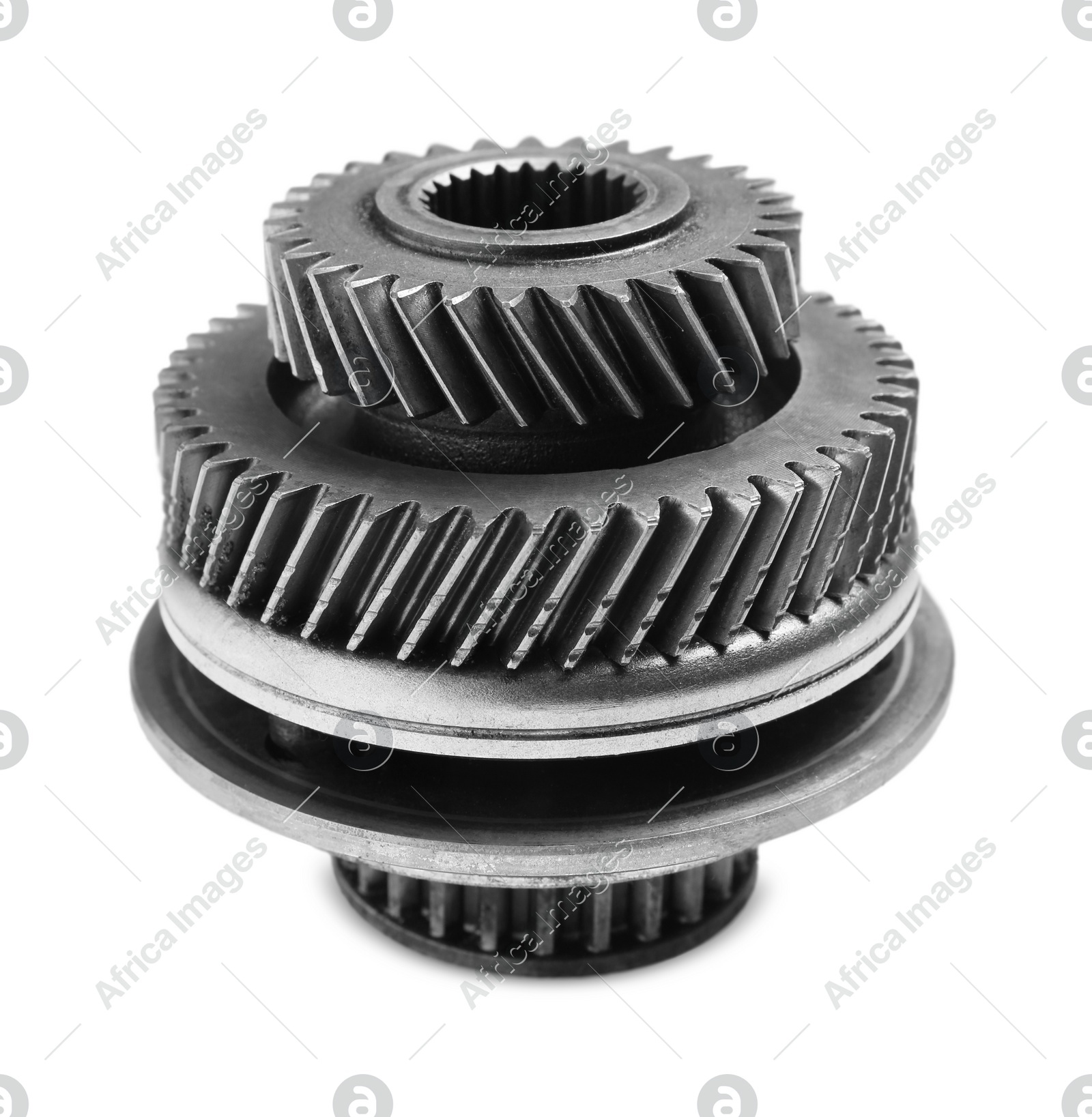Different stainless steel gears on white background Photo of Different stainless steel gears on white background