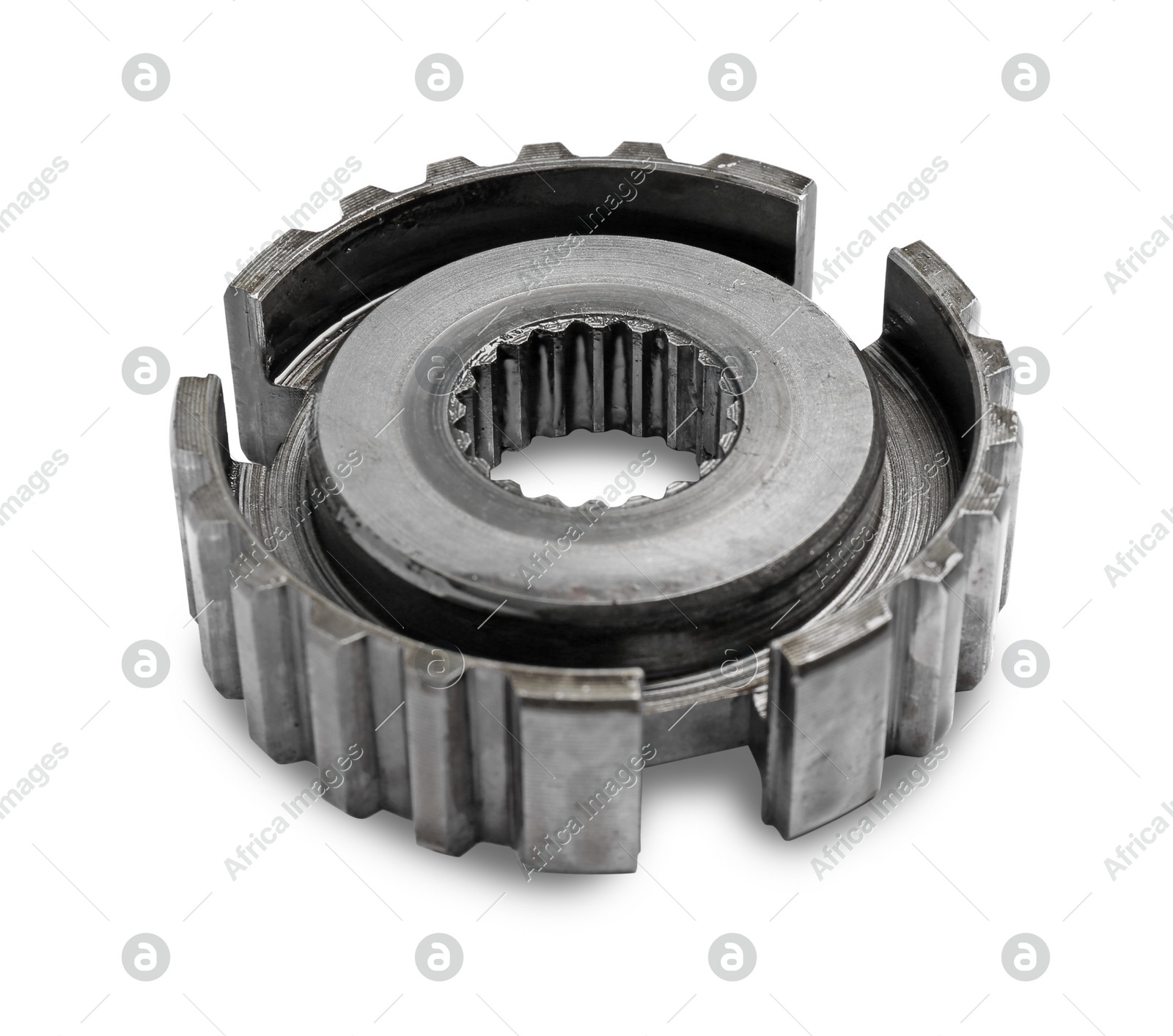 New stainless steel gear on white background Photo of New stainless steel gear on white background