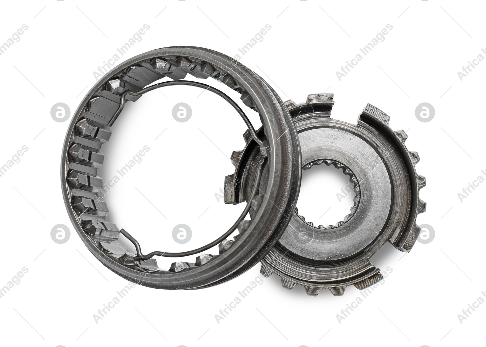 Different stainless steel gears on white background, top view Photo of Different stainless steel gears on white background, top view