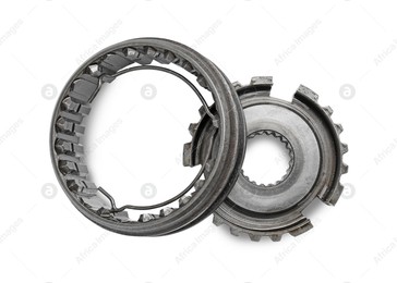 Different stainless steel gears on white background, top view Photo of Different stainless steel gears on white background, top view