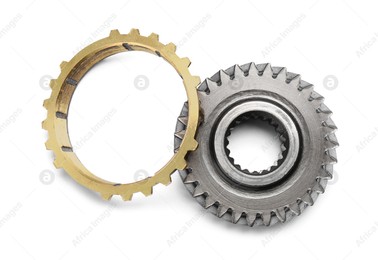 Different stainless steel gears on white background, top view Photo of Different stainless steel gears on white background, top view