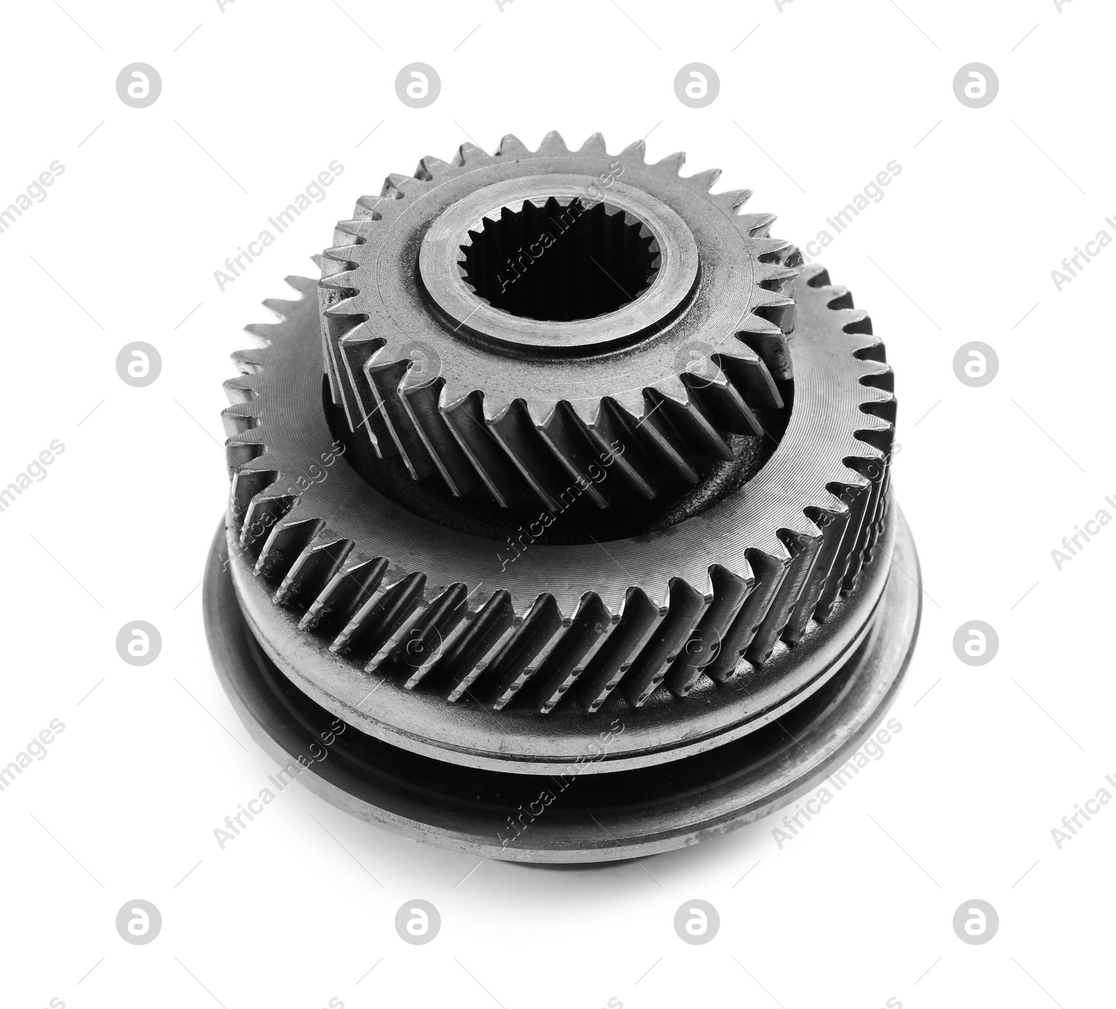 Different stainless steel gears on white background Photo of Different stainless steel gears on white background