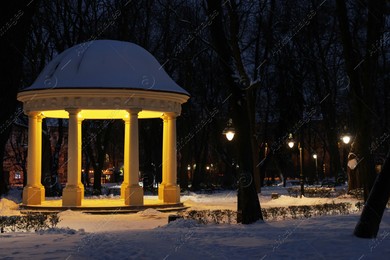 Trees, street lamps, gazebo and snow in evening park Photo of Trees, street lamps, gazebo and snow in evening park