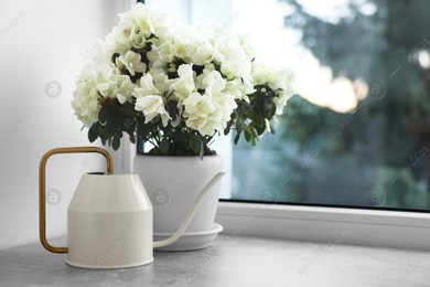 Beautiful azalea flowers in pot and watering can on windowsill indoors. Space for text Photo of Beautiful azalea flowers in pot and watering can on windowsill indoors. Space for text