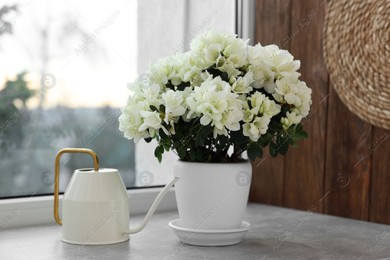 Beautiful azalea flowers in pot and watering can on windowsill indoors Photo of Beautiful azalea flowers in pot and watering can on windowsill indoors