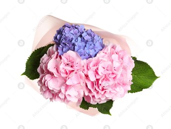 Bouquet with beautiful hortensia flowers isolated on white, top view Photo of Bouquet with beautiful hortensia flowers isolated on white, top view