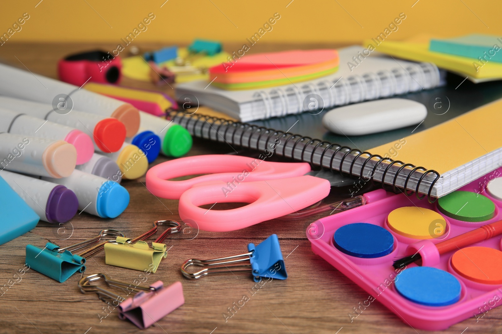 Many different school stationery on wooden table, closeup. Back to school Photo of Many different school stationery on wooden table, closeup. Back to school
