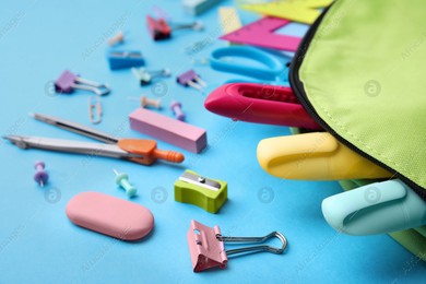Back to school. Many different school stationery on light blue background Photo of Back to school. Many different school stationery on light blue background