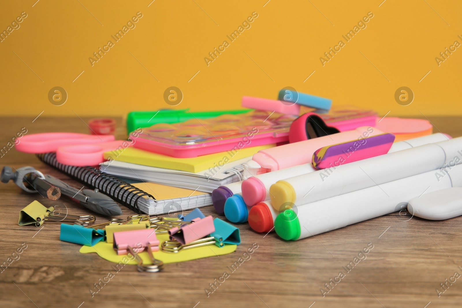 Many different school stationery on wooden table, closeup. Back to school Photo of Many different school stationery on wooden table, closeup. Back to school