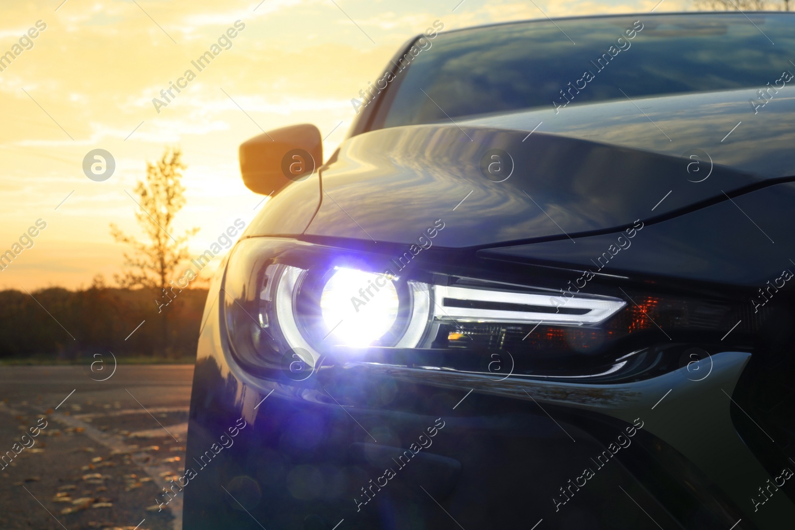 Black modern car parked on road at sunset, closeup of headlight Photo of Black modern car parked on road at sunset, closeup of headlight