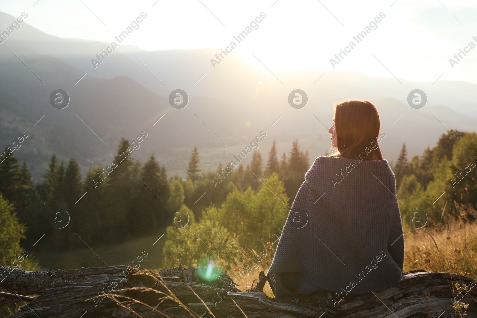 Woman with cozy plaid enjoying sunset in mountains, back view Photo of Woman with cozy plaid enjoying sunset in mountains, back view