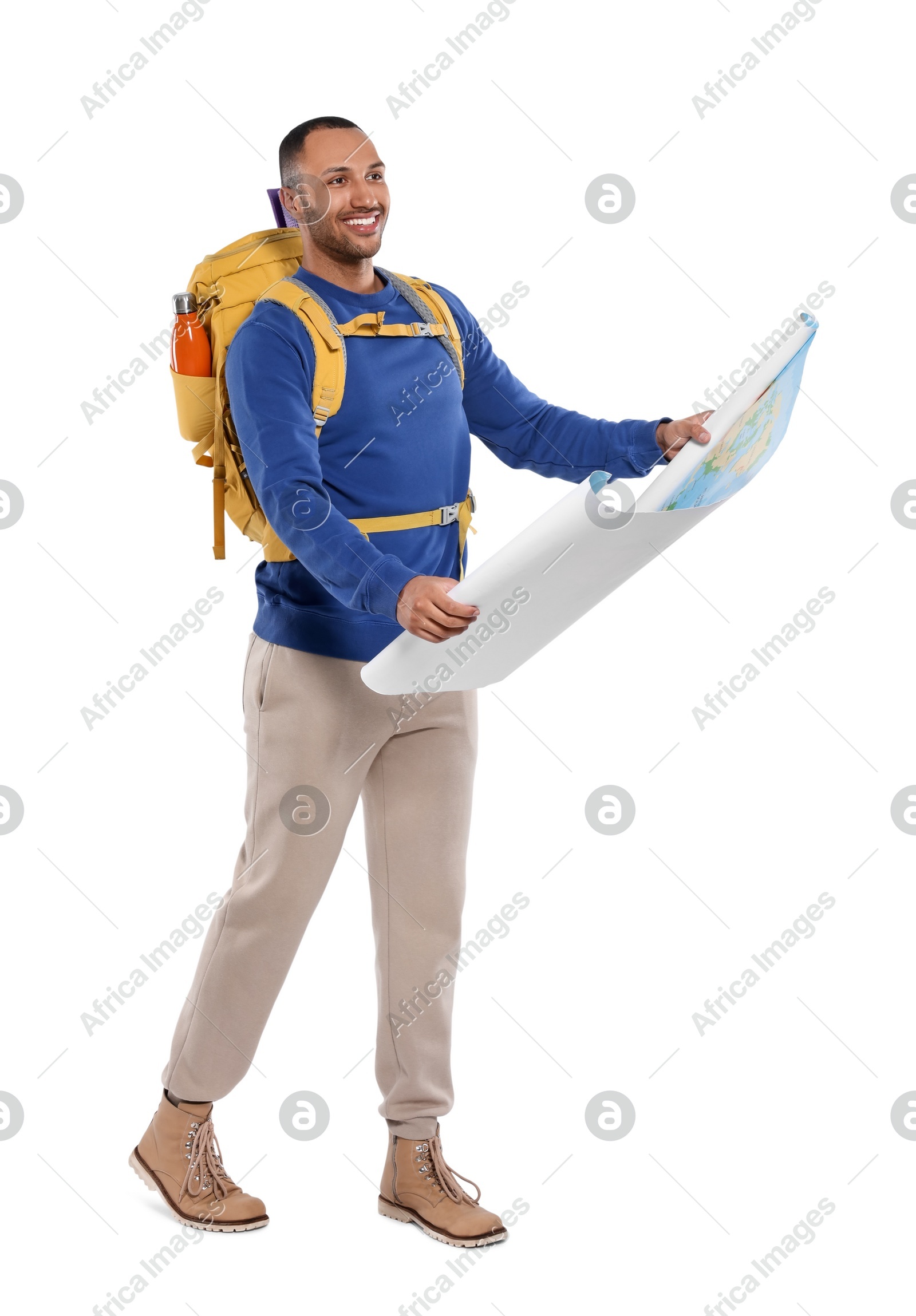 Happy tourist with backpack and map on white background Photo of Happy tourist with backpack and map on white background