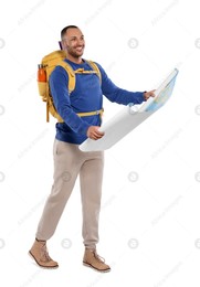 Happy tourist with backpack and map on white background Photo of Happy tourist with backpack and map on white background