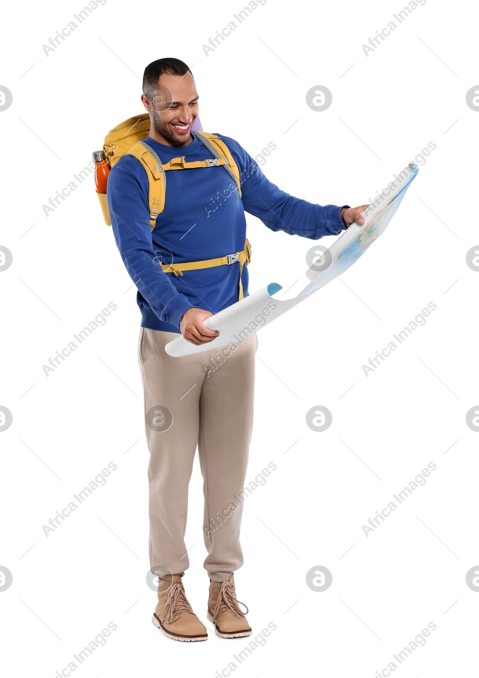 Happy tourist with backpack and map on white background Photo of Happy tourist with backpack and map on white background