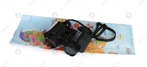 Modern binoculars and map on white background Photo of Modern binoculars and map on white background