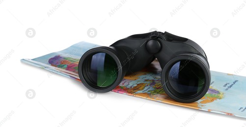 Modern binoculars and map on white background Photo of Modern binoculars and map on white background