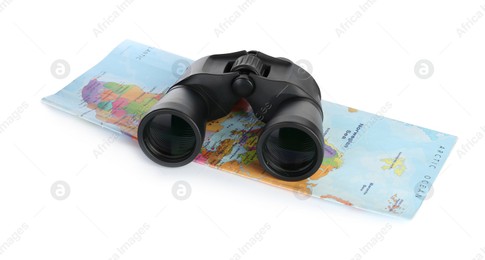Modern binoculars and map on white background Photo of Modern binoculars and map on white background