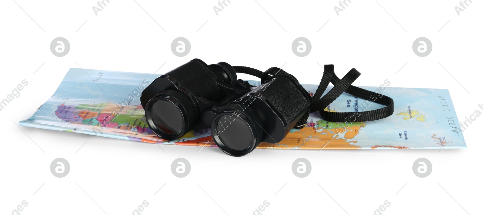Modern binoculars and map on white background Photo of Modern binoculars and map on white background