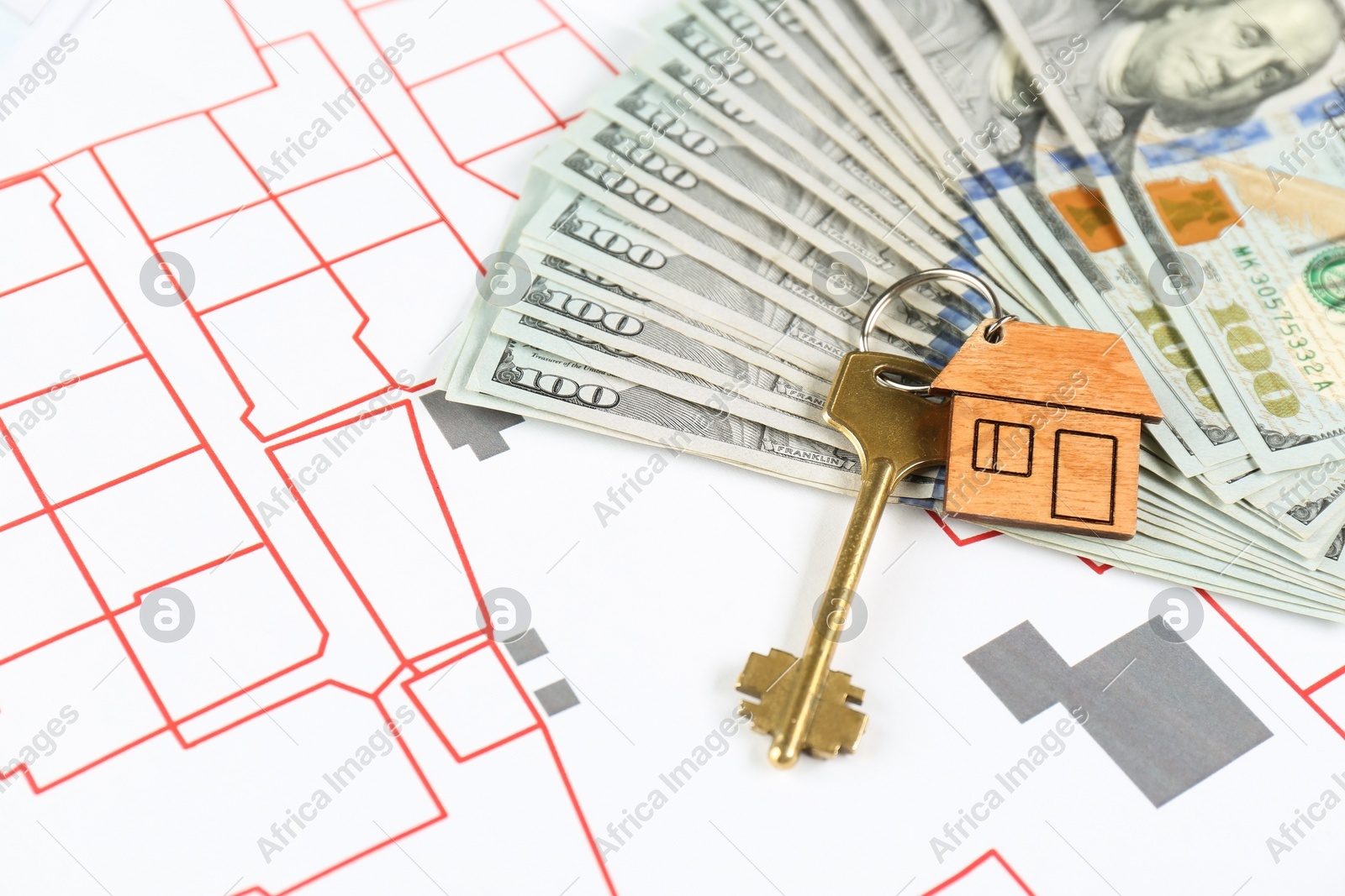 Money and house key on cadastral maps Photo of Money and house key on cadastral maps