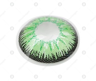 Photo of One green contact lens isolated on white