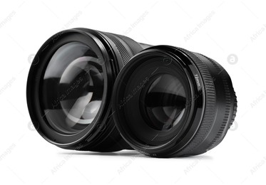 Camera lens isolated on white. Photographer's equipment Photo of Camera lens isolated on white. Photographer's equipment