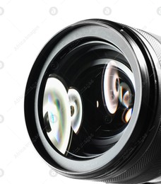 Modern camera lens on white background, closeup. Space for text Photo of Modern camera lens on white background, closeup. Space for text
