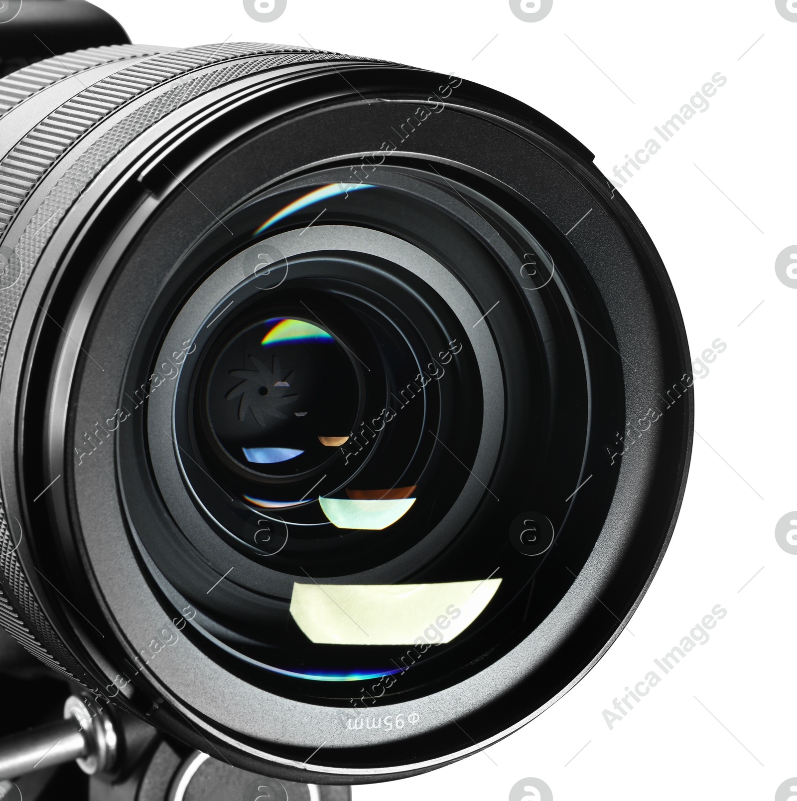 Modern camera lens isolated on white. Photographer's equipment Photo of Modern camera lens isolated on white. Photographer's equipment
