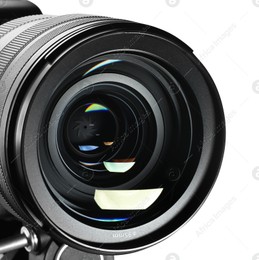 Modern camera lens isolated on white. Photographer's equipment Photo of Modern camera lens isolated on white. Photographer's equipment