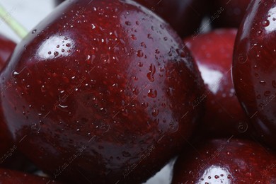 Ripe cherries with water drops as background, macro view. Fresh berry Photo of Ripe cherries with water drops as background, macro view. Fresh berry