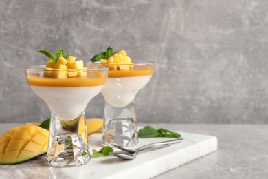 Delicious panna cotta with mango coulis served on light grey table. Space for text Photo of Delicious panna cotta with mango coulis served on light grey table. Space for text