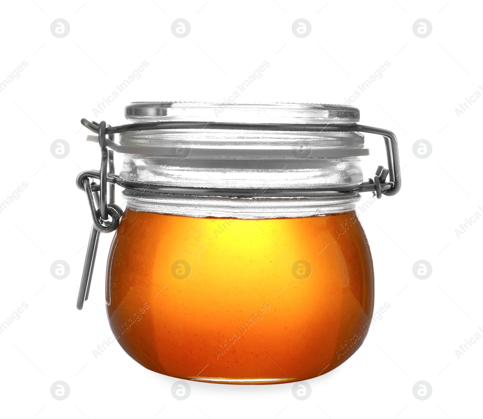 Jar with organic honey isolated on white Photo of Jar with organic honey isolated on white