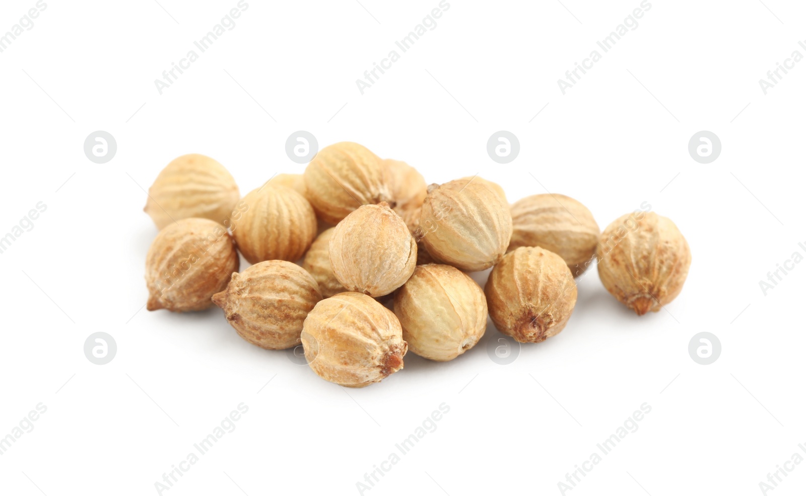 Heap of dried coriander seeds on white background, closeup Photo of Heap of dried coriander seeds on white background, closeup