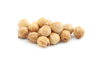 Heap of dried coriander seeds on white background, closeup Photo of Heap of dried coriander seeds on white background, closeup