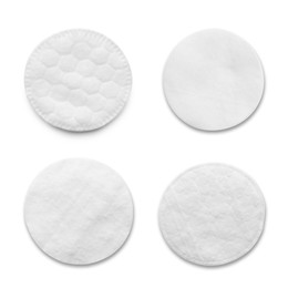 Set with soft cotton pads on white background, top view Image of Set with soft cotton pads on white background, top view