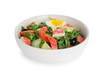 Delicious crab stick salad in bowl isolated on white Photo of Delicious crab stick salad in bowl isolated on white