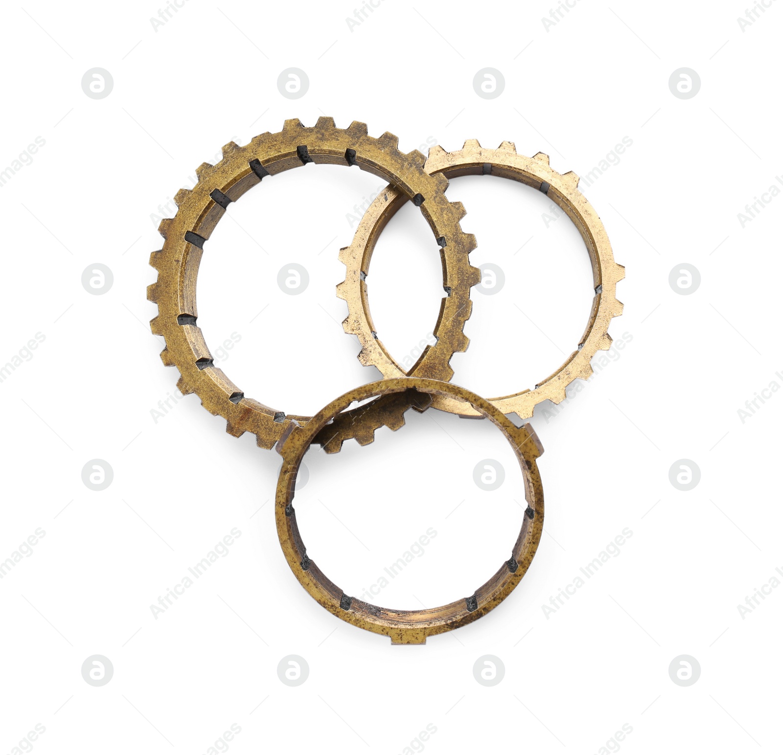 New stainless steel gears on white background, top view Photo of New stainless steel gears on white background, top view