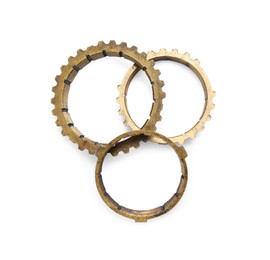 New stainless steel gears on white background, top view Photo of New stainless steel gears on white background, top view