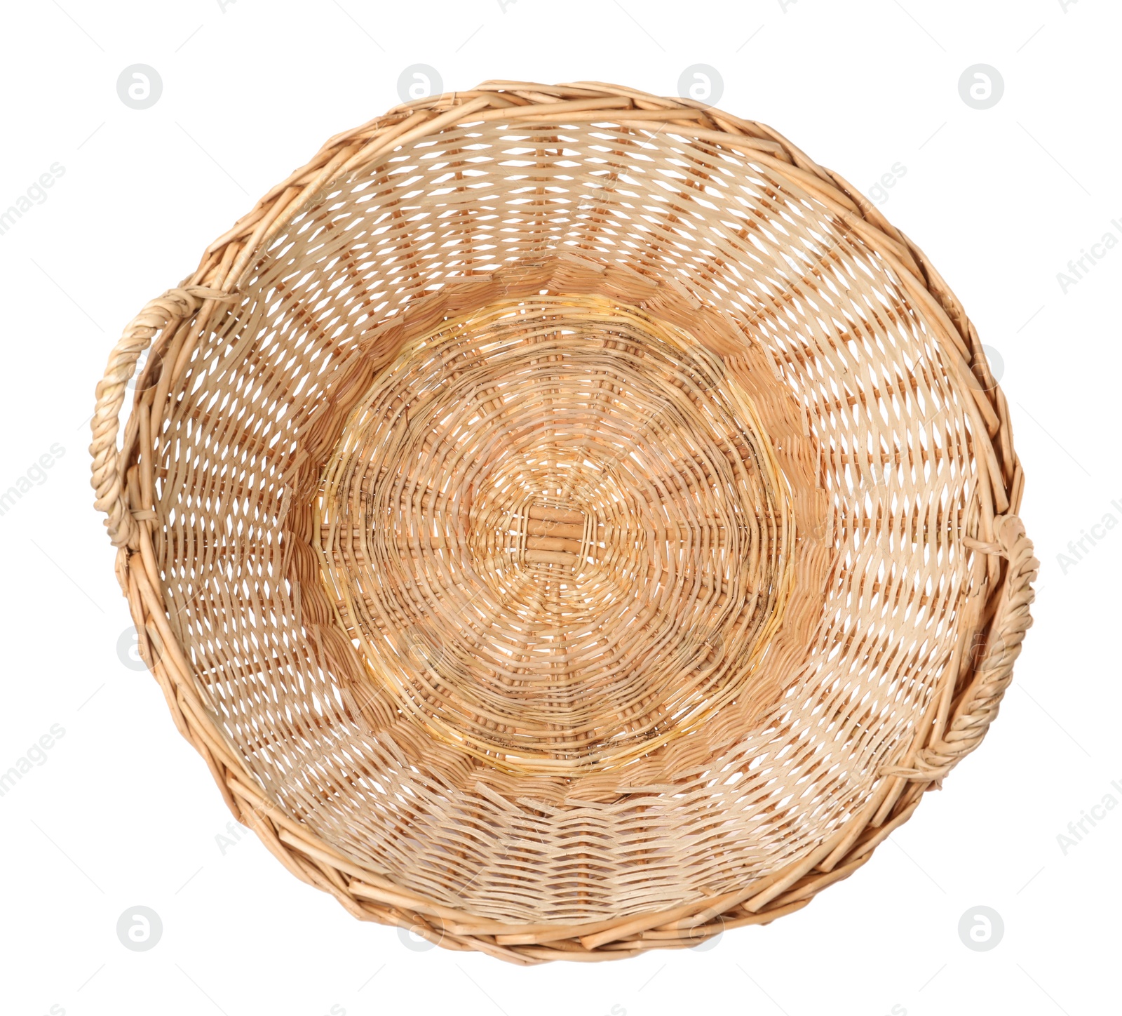 Wicker basket with handles isolated on white Photo of Wicker basket with handles isolated on white