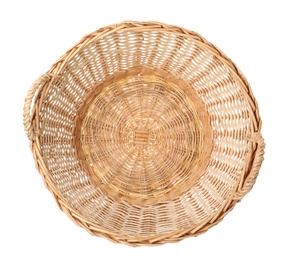 Photo of Wicker basket with handles isolated on white