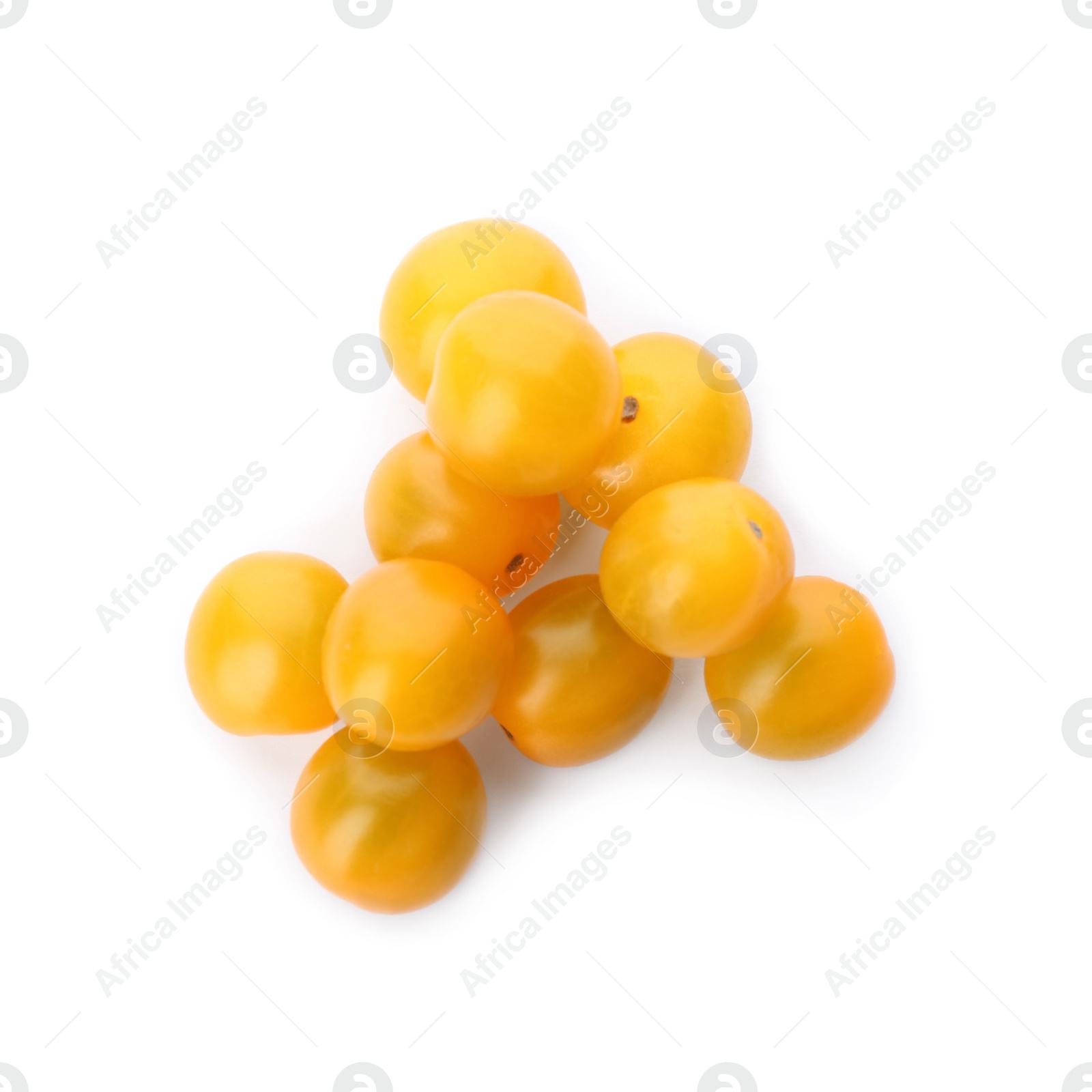 Delicious ripe yellow tomatoes isolated on white, top view Photo of Delicious ripe yellow tomatoes isolated on white, top view