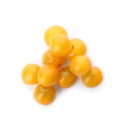 Delicious ripe yellow tomatoes isolated on white, top view Photo of Delicious ripe yellow tomatoes isolated on white, top view