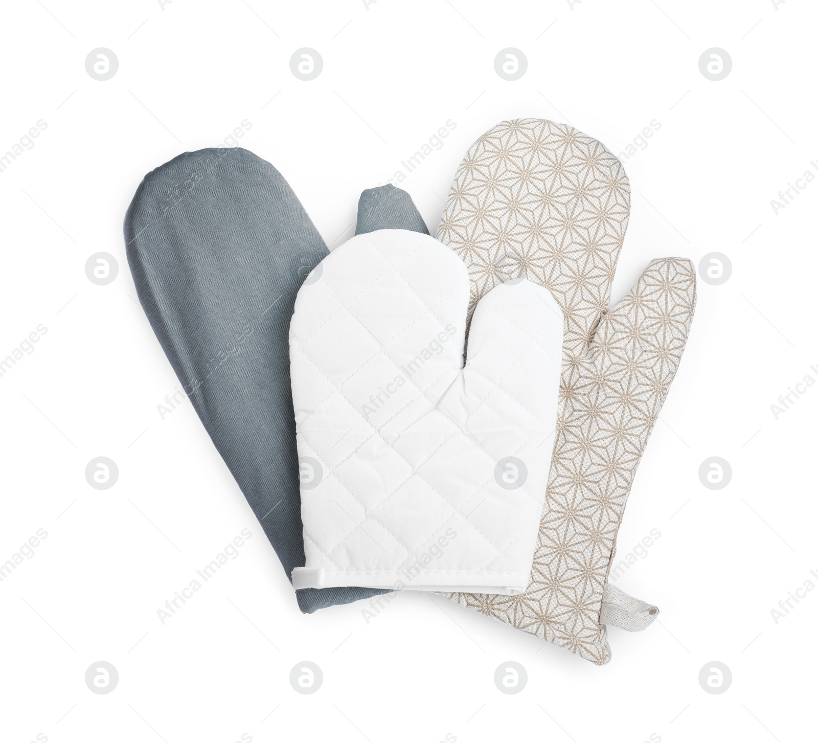 Oven gloves for hot dishes on white background, top view Photo of Oven gloves for hot dishes on white background, top view