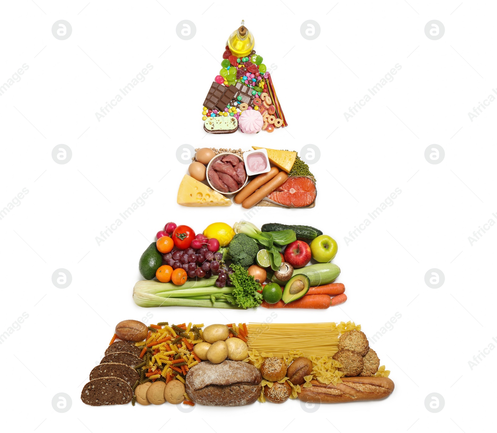 Food pyramid on white background, top view. Healthy balanced diet Photo of Food pyramid on white background, top view. Healthy balanced diet