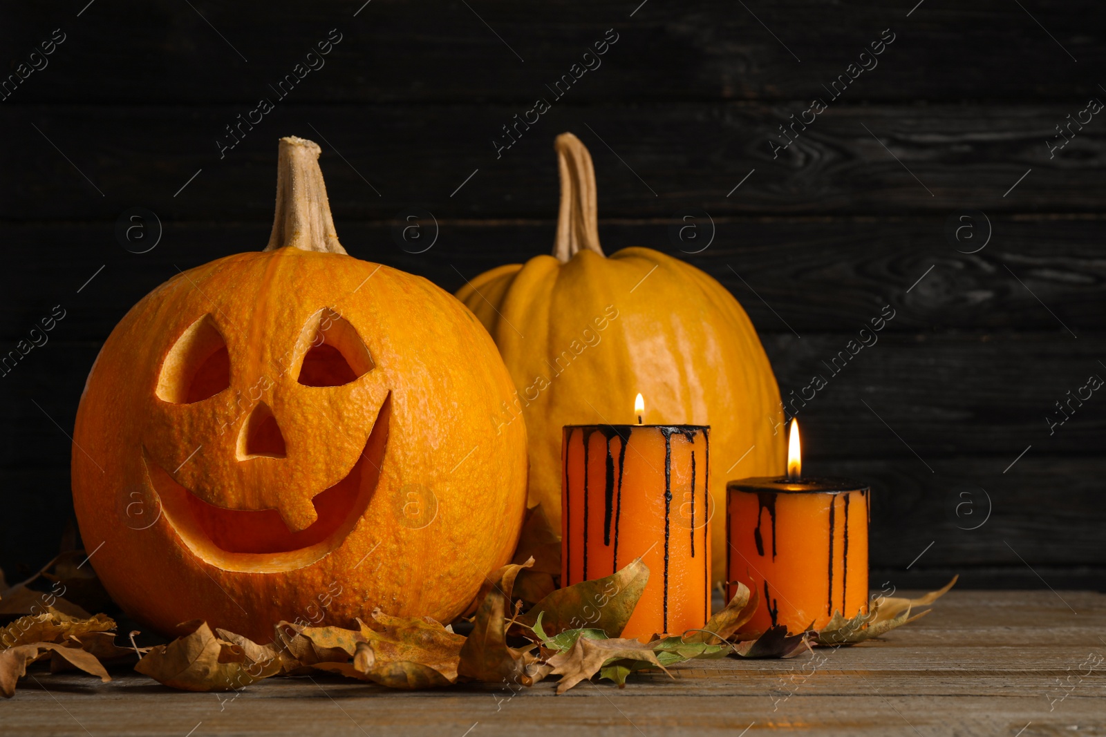 Pumpkins and burning candles on black wooden background. Halloween traditional decor Photo of Pumpkins and burning candles on black wooden background. Halloween traditional decor