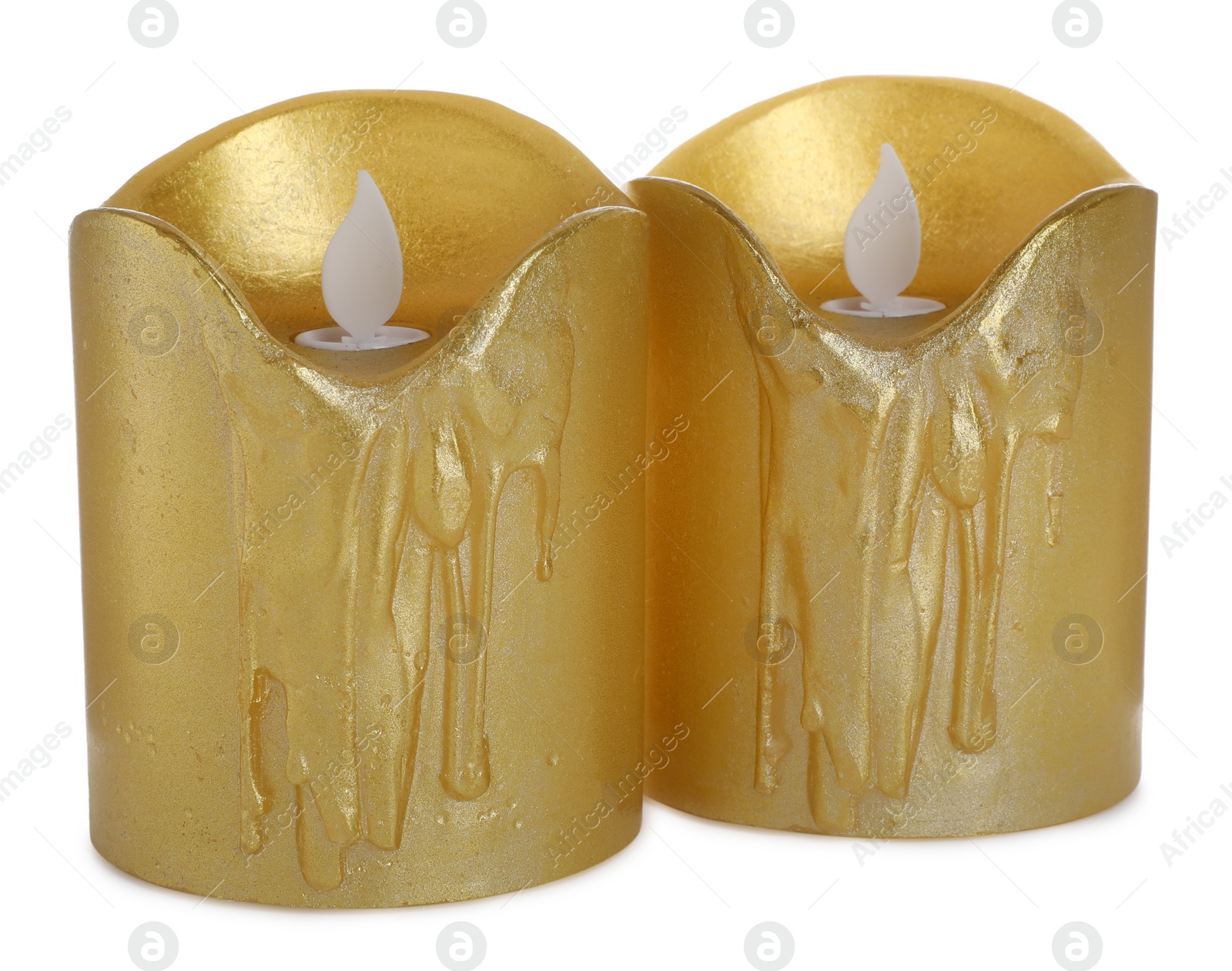 Decorative flameless LED candles on white background Photo of Decorative flameless LED candles on white background