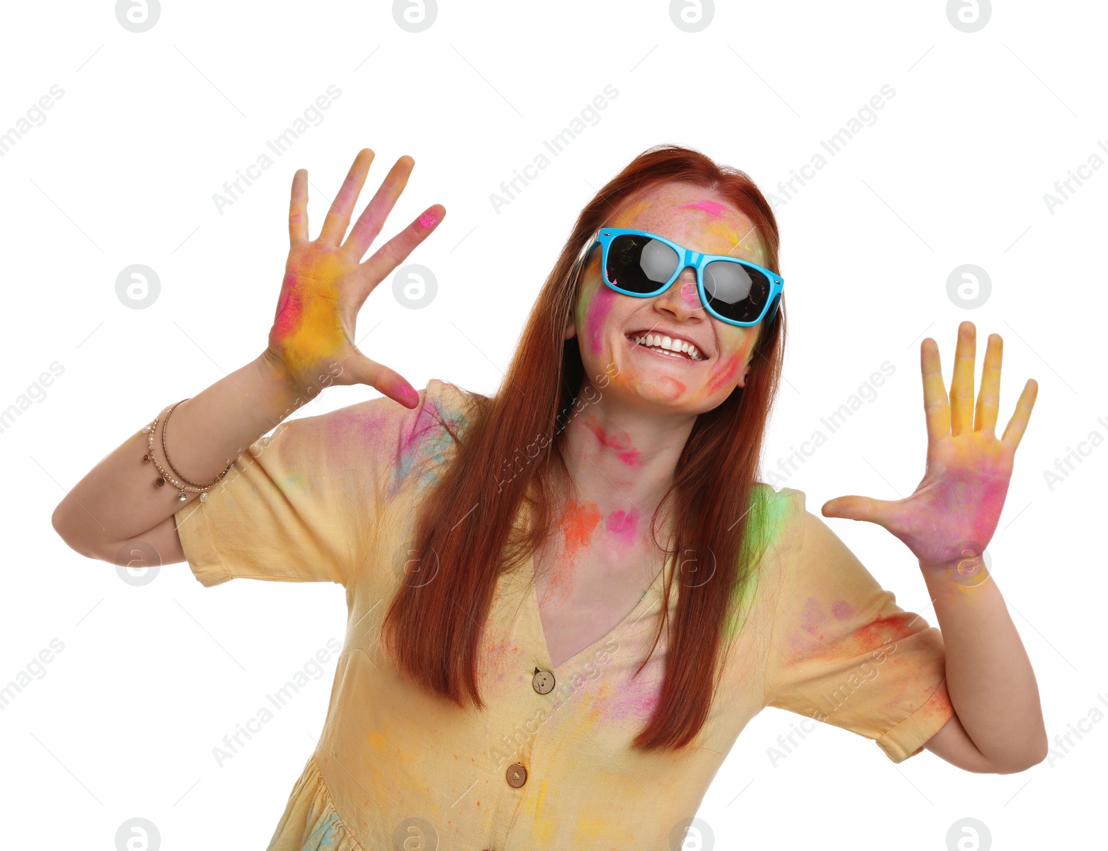Woman covered with colorful powder dyes on white background. Holi festival celebration Photo of Woman covered with colorful powder dyes on white background. Holi festival celebration
