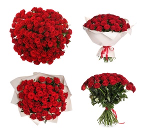 Set with beautiful bouquets of red roses on white background Image of Set with beautiful bouquets of red roses on white background