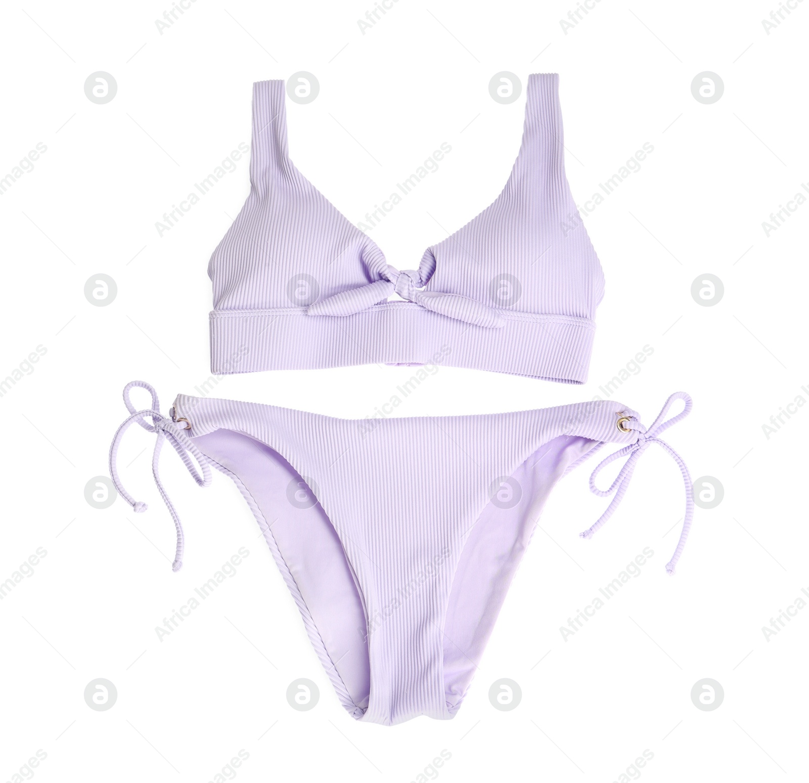 Photo of Stylish bikini isolated on white, top view