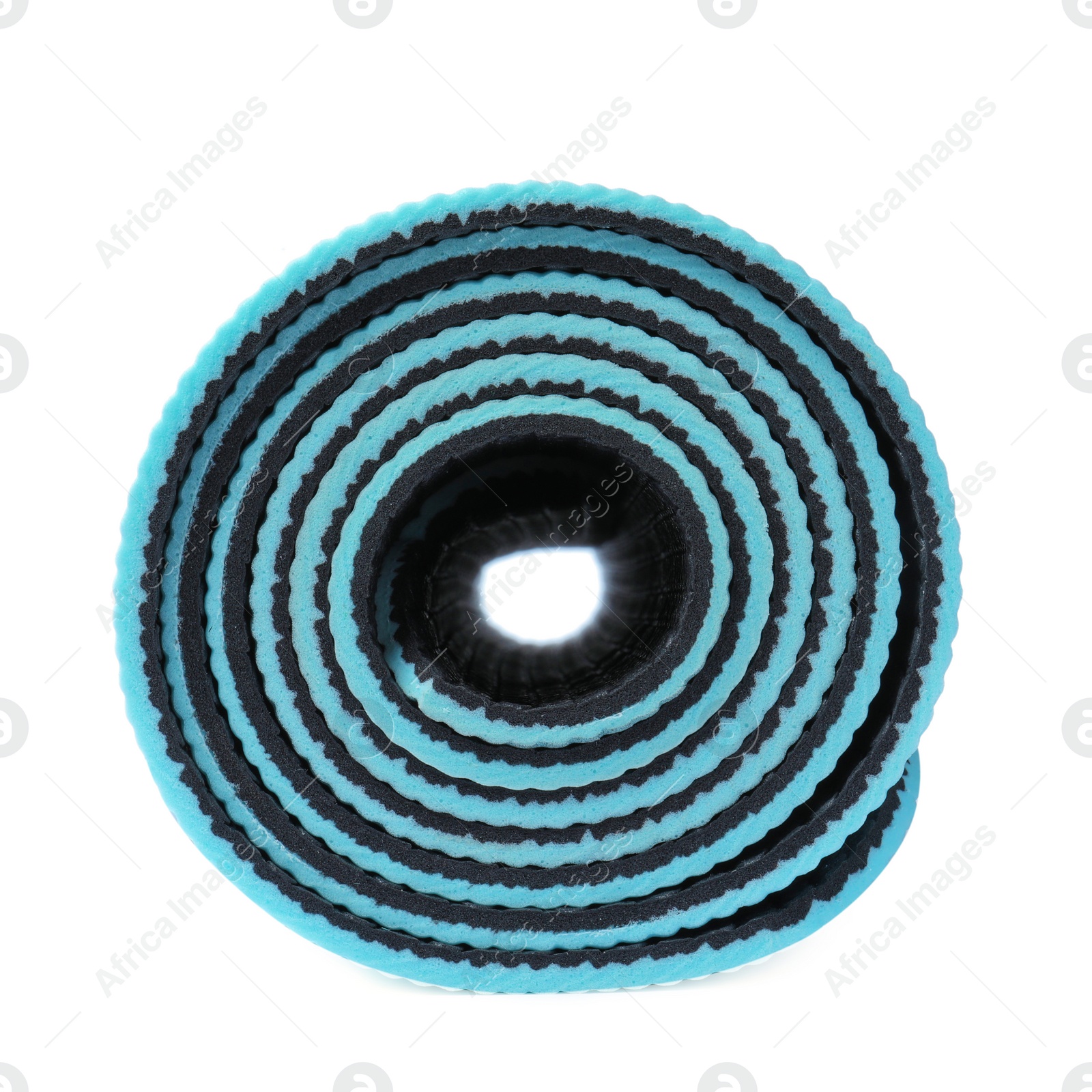Rolled light blue camping mat isolated on white Photo of Rolled light blue camping mat isolated on white