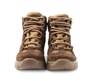 Pair of comfortable hiking boots on white background. Camping tourism Photo of Pair of comfortable hiking boots on white background. Camping tourism